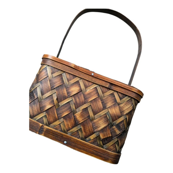 Wood Woven Basket with Handle Two Toned  Rectangular - Picture 2 of 8
